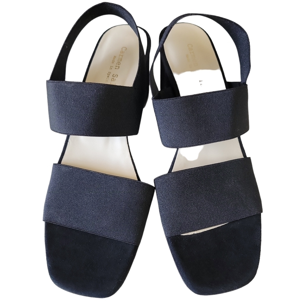 Carmen Salas Black Wide Strap Sling Back Block Sandals Women's Size 8.5